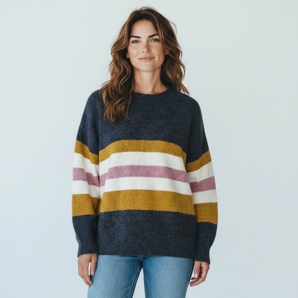 Emma + Asher Striped Crew Neck Sweater Womens Medium Gray Pink Yellow Excellent